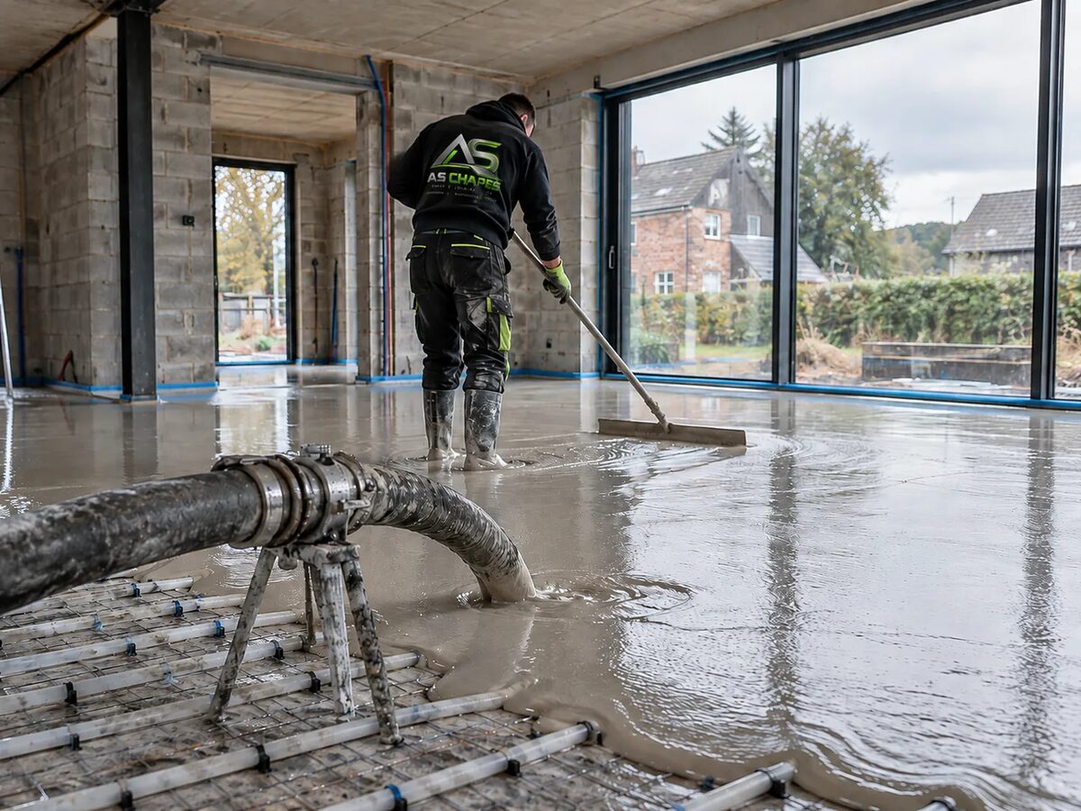 Chape liquide en cours de coulage — villa neuve à Liège
